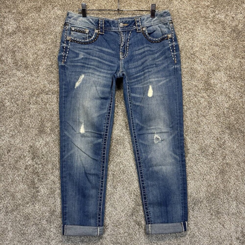 Miss Me Jeans Womens 31x27 Cuffed Skinny Distressed Stretch Medium Wash Denim